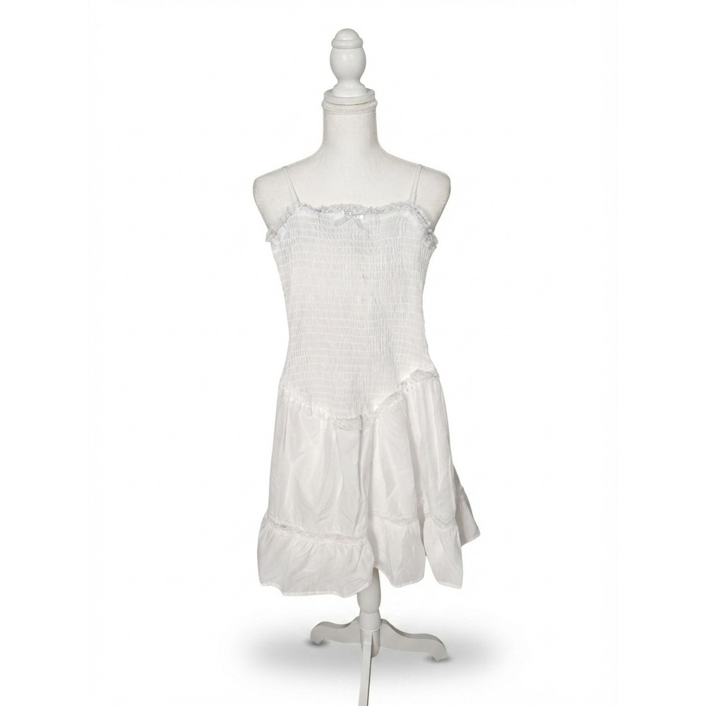 Francescas‎ White Smocked Lace Trim Mini Dress Cotton Ruffle Tiered Medium NEW